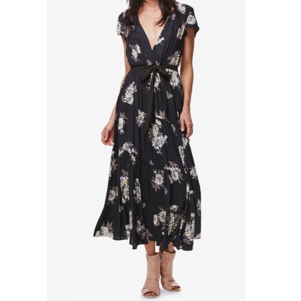 Free People All I Got Black / White / Yellow Floral Tiered Maxi Dress Size 0